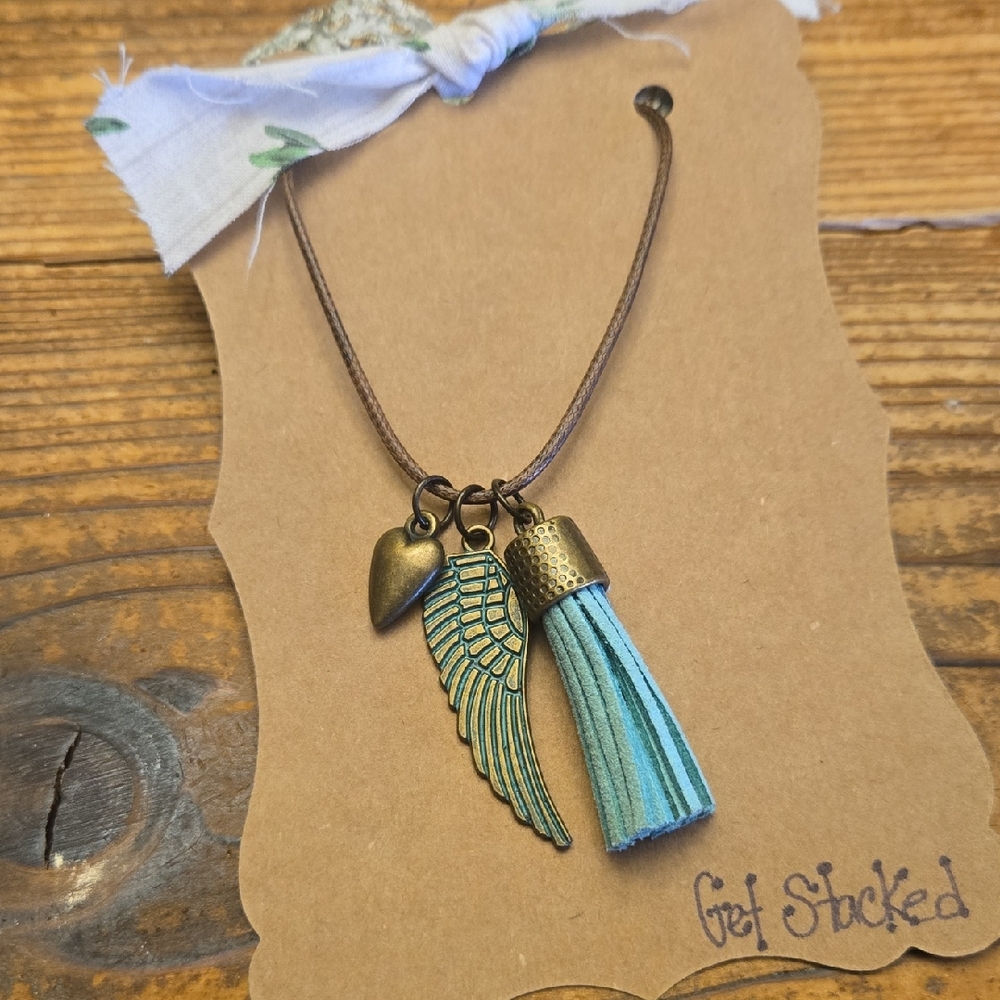Boho Blue Wing and Gold Heart Necklace